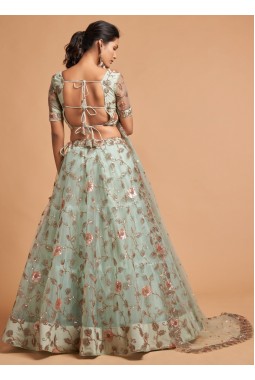 Sky Blue Net Multi Sequins Wedding Lehenga Choli