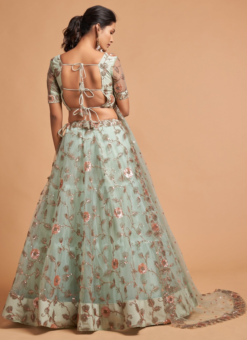 Sky Blue Net Multi Sequins Wedding Lehenga Choli