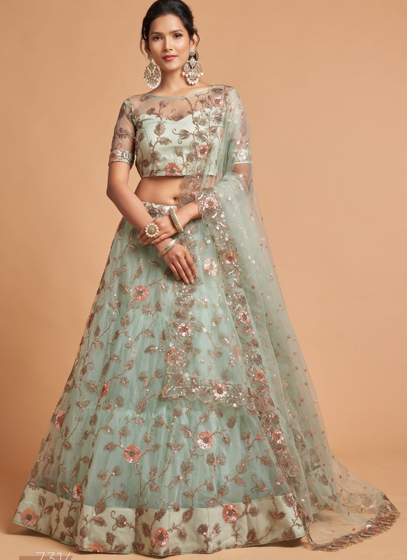 Sky Blue Net Multi Sequins Wedding Lehenga Choli
