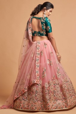 Peach Net Embroidery Wedding Lehenga Choli