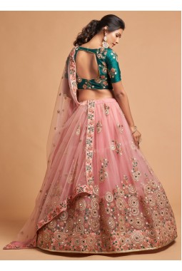 Peach Net Embroidery Wedding Lehenga Choli