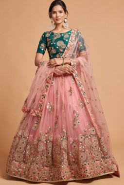 Peach Net Embroidery Wedding Lehenga Choli