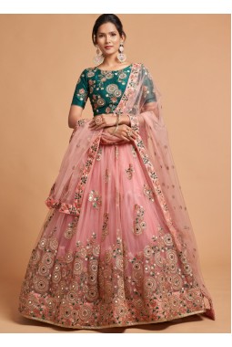 Peach Net Embroidery Wedding Lehenga Choli