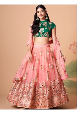 Peach Net Mirror Work Wedding Lehenga Choli