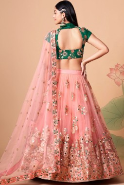 Peach Net Mirror Work Wedding Lehenga Choli