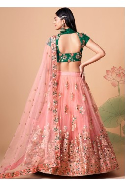 Peach Net Mirror Work Wedding Lehenga Choli