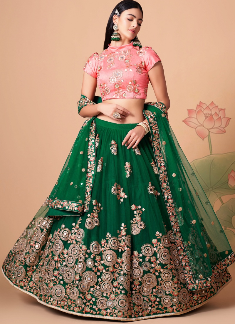Green Net Zari Embroidery Wedding Lehenga Choli