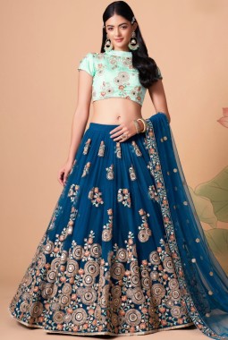 Dove Blue Net Thread Embroidery Wedding Lehenga Choli