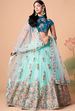 Sky Blue Net Mirror Work Wedding Lehenga Choli