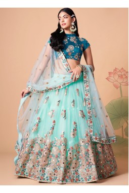 Sky Blue Net Mirror Work Wedding Lehenga Choli