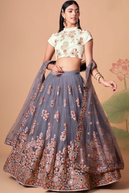 Grey Net Zari Embroidery Wedding Lehenga Choli