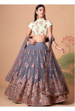 Grey Net Zari Embroidery Wedding Lehenga Choli
