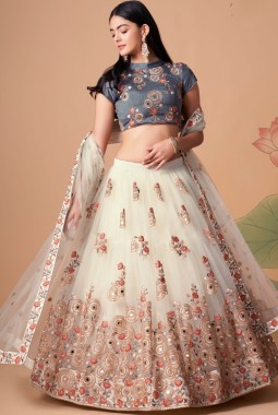 Off White Net Sequins Wedding Lehenga Choli