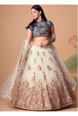 Off White Net Sequins Wedding Lehenga Choli