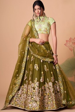 Mehndi Net Mirror Work Wedding Lehenga Choli