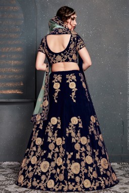 Navy Blue Velvet Dori Embroidery Wedding Lehenga Choli