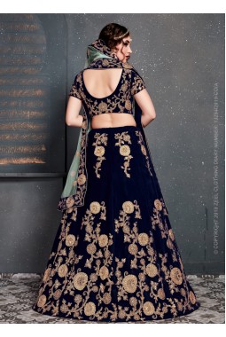 Navy Blue Velvet Dori Embroidery Wedding Lehenga Choli