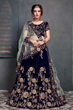 Navy Blue Velvet Dori Embroidery Wedding Lehenga Choli