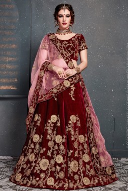 Maroon Velvet Zari Embroidery Wedding Lehenga Choli