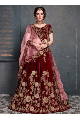 Maroon Velvet Zari Embroidery Wedding Lehenga Choli