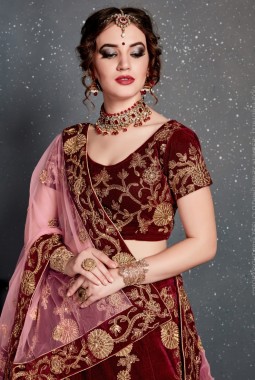Maroon Velvet Zari Embroidery Wedding Lehenga Choli