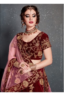 Maroon Velvet Zari Embroidery Wedding Lehenga Choli