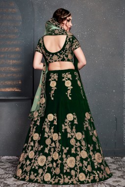 Dark Green Velvet Embroidery Wedding Lehenga Choli