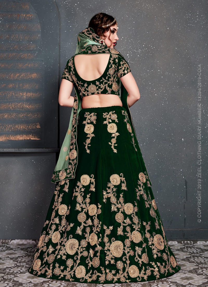 Dark Green Velvet Embroidery Wedding Lehenga Choli