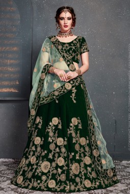 Dark Green Velvet Embroidery Wedding Lehenga Choli