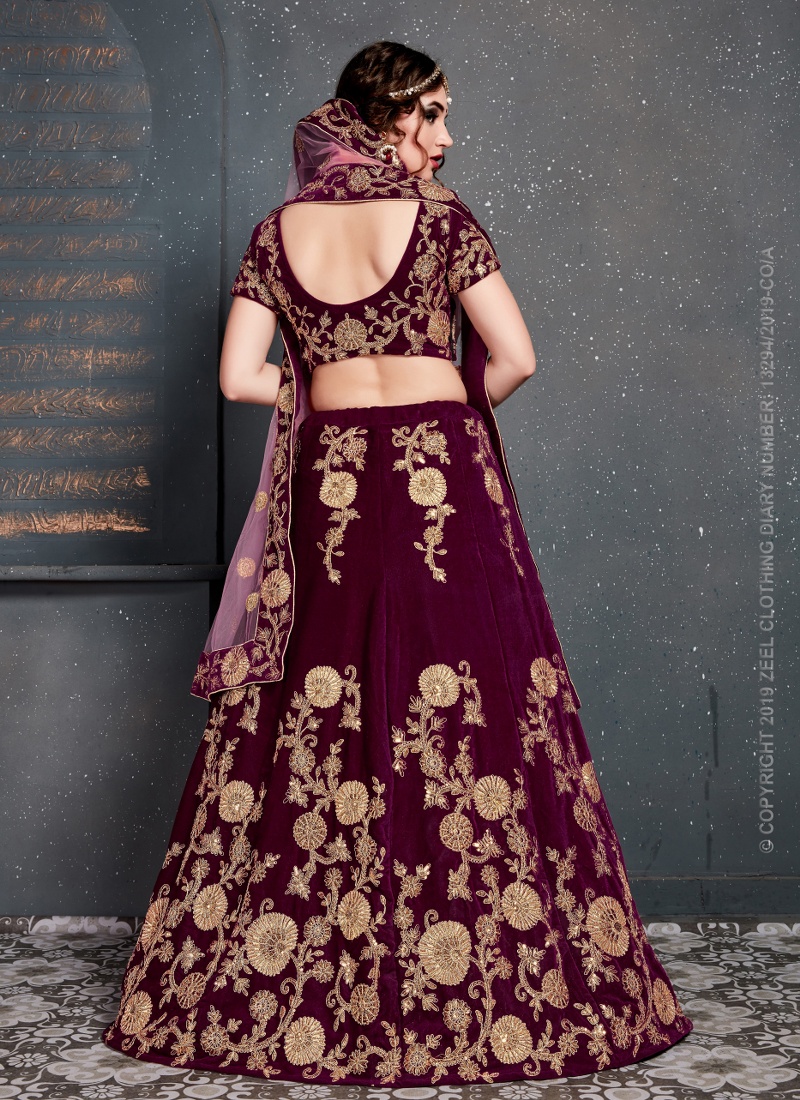 Purple Velvet Sequins Wedding Lehenga Choli