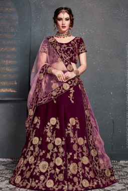 Purple Velvet Sequins Wedding Lehenga Choli