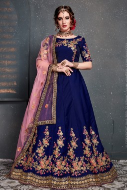 Dark Blue Tafeta Silk Diamond Work Wedding Lehenga Choli