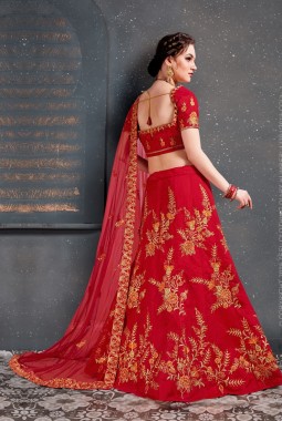 Red Slub Silk Zari Embroidery Wedding Lehenga Choli