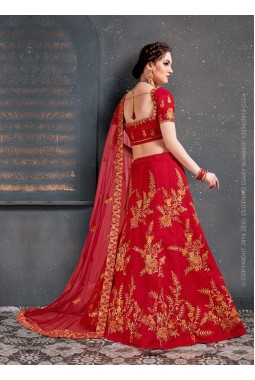Red Slub Silk Zari Embroidery Wedding Lehenga Choli