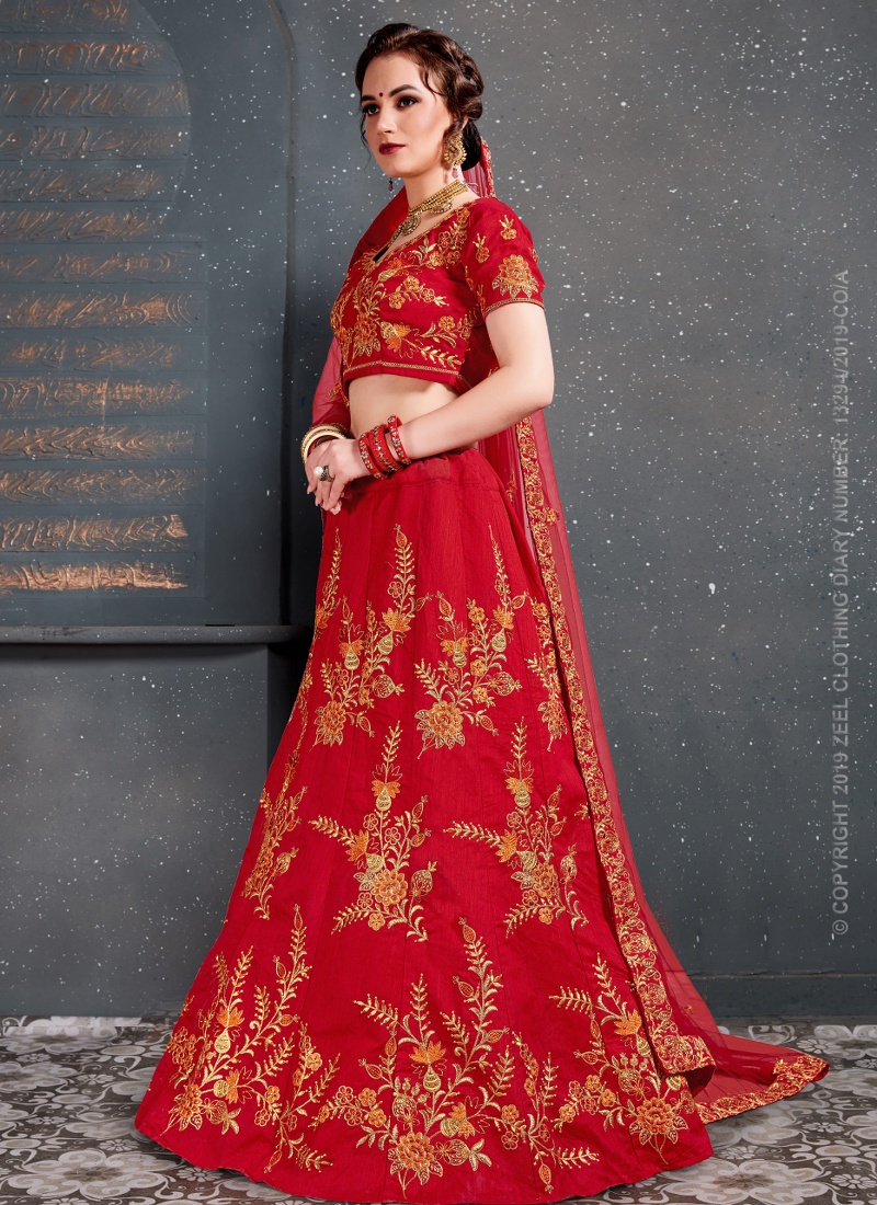 Red Slub Silk Zari Embroidery Wedding Lehenga Choli