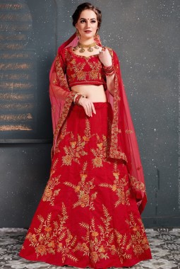 Red Slub Silk Zari Embroidery Wedding Lehenga Choli