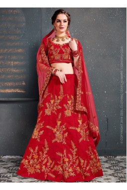 Red Slub Silk Zari Embroidery Wedding Lehenga Choli