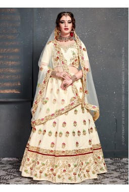 Cream Slub Silk Diamond Work Wedding Lehenga Choli