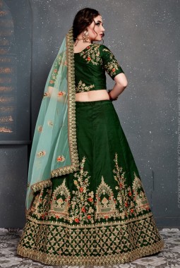 Dark Green Tafeta Silk Thread Embroidery Wedding Lehenga Choli
