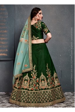 Dark Green Tafeta Silk Thread Embroidery Wedding Lehenga Choli