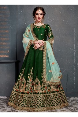 Dark Green Tafeta Silk Thread Embroidery Wedding Lehenga Choli