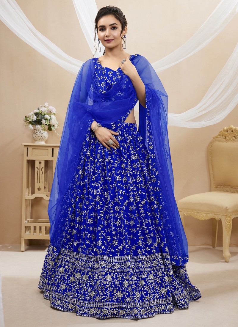 Blue Georgette Sequins Embroidered Wedding Lehenga Choli