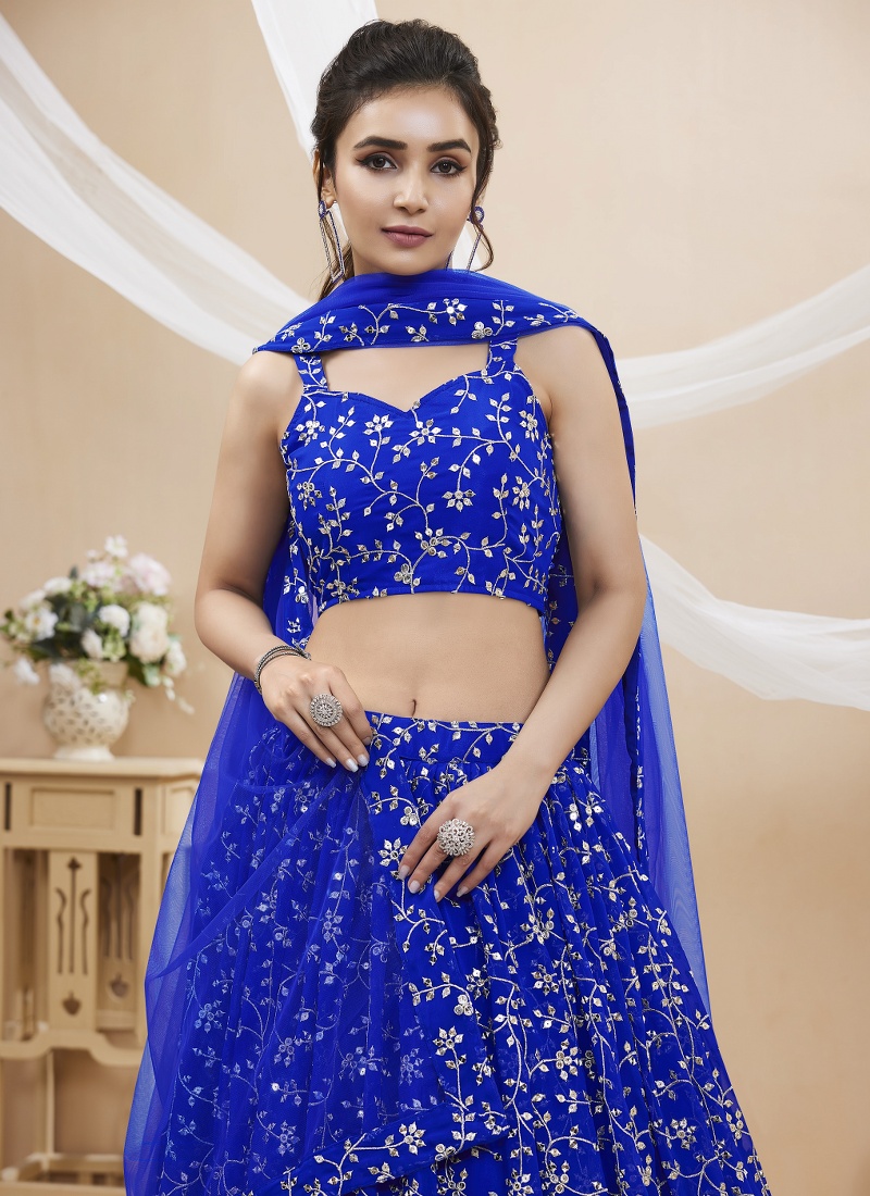 Blue Georgette Sequins Embroidered Wedding Lehenga Choli