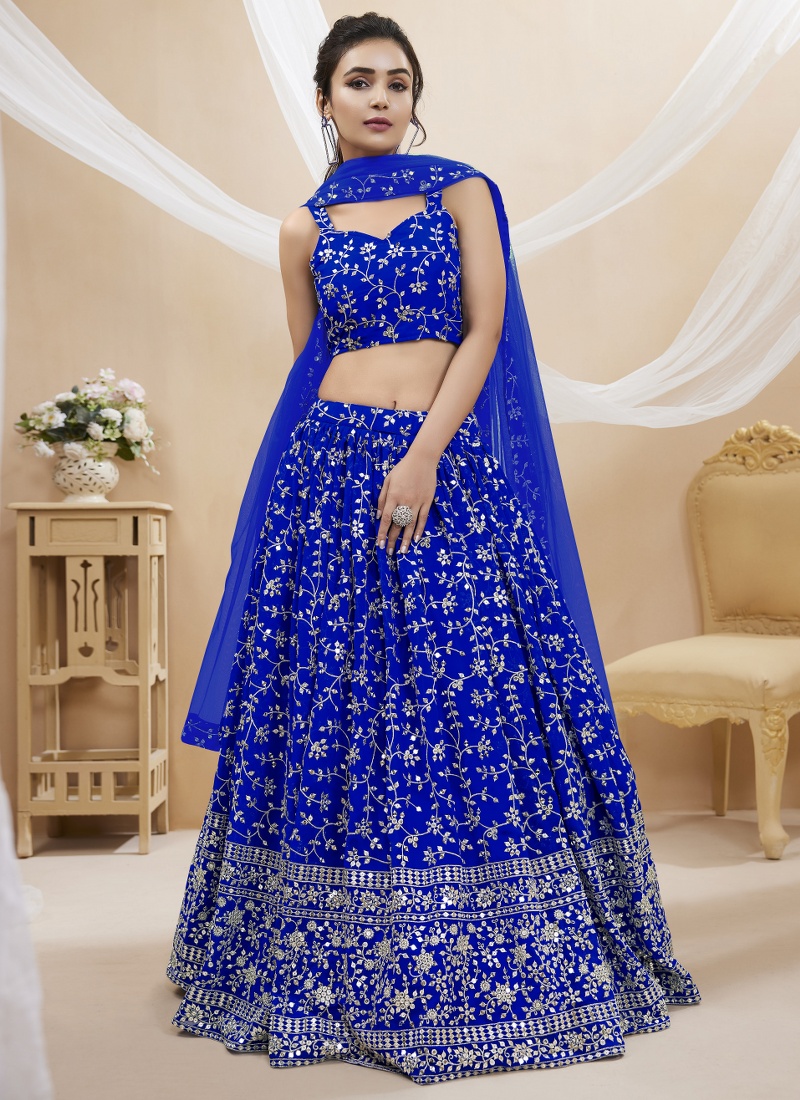 Blue Georgette Sequins Embroidered Wedding Lehenga Choli