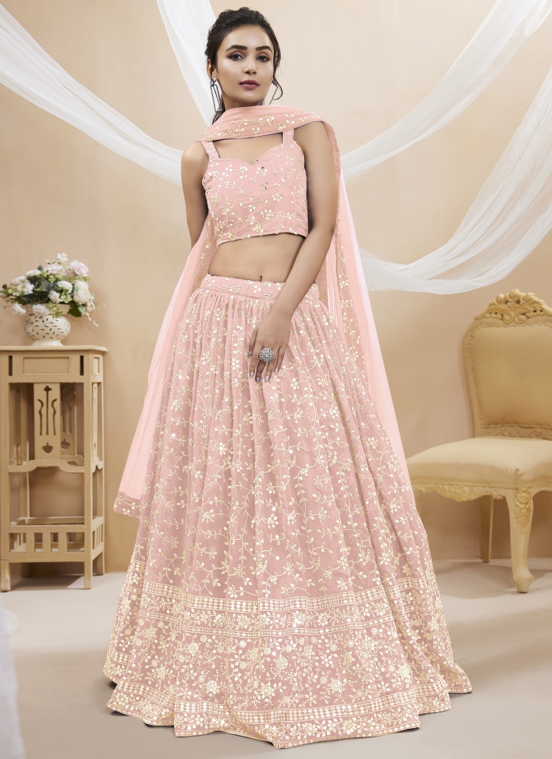 Pink Georgette Embroidered Wedding Lehenga Choli