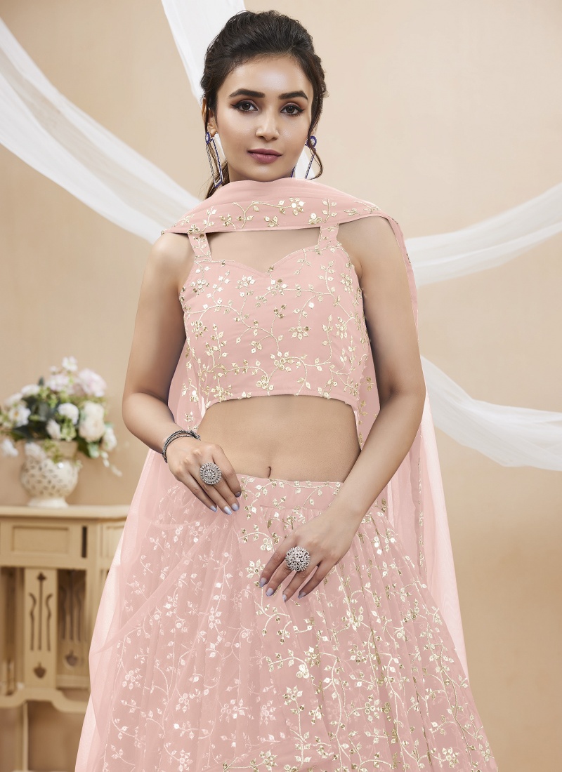 Pink Georgette Embroidered Wedding Lehenga Choli