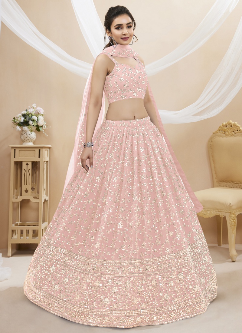 Pink Georgette Embroidered Wedding Lehenga Choli