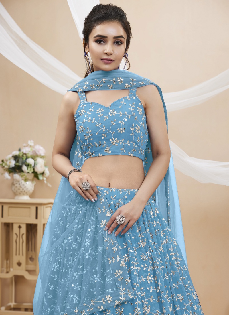 Sky Blue Georgette Zari Embroidered Wedding Lehenga Choli