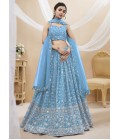 Sky Blue Georgette Zari Embroidered Wedding Lehenga Choli