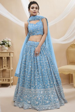 Sky Blue Georgette Zari Embroidered Wedding Lehenga Choli